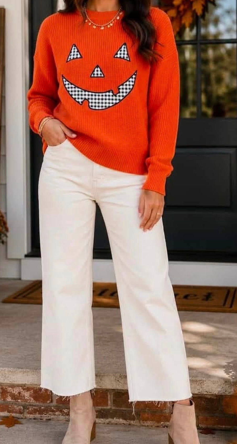 Orange Drop Shoulder Long Sleeve Round Neck Halloween Sweater