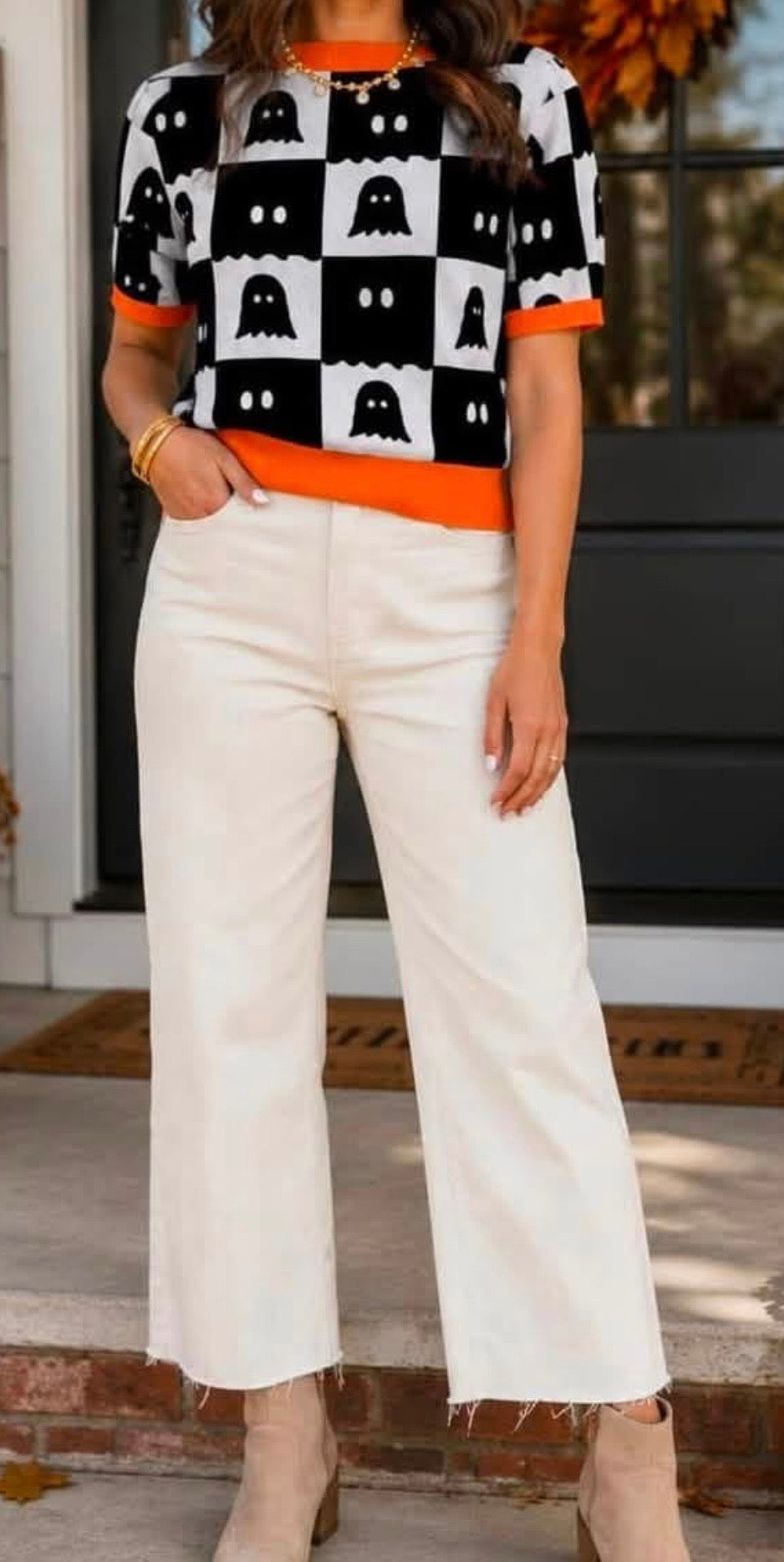 Halloween Ghost Color Block Trim Short Sleeve Knit Sweater