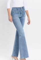Flying monkey, high-rise front pocket with dart detailed flare jeans