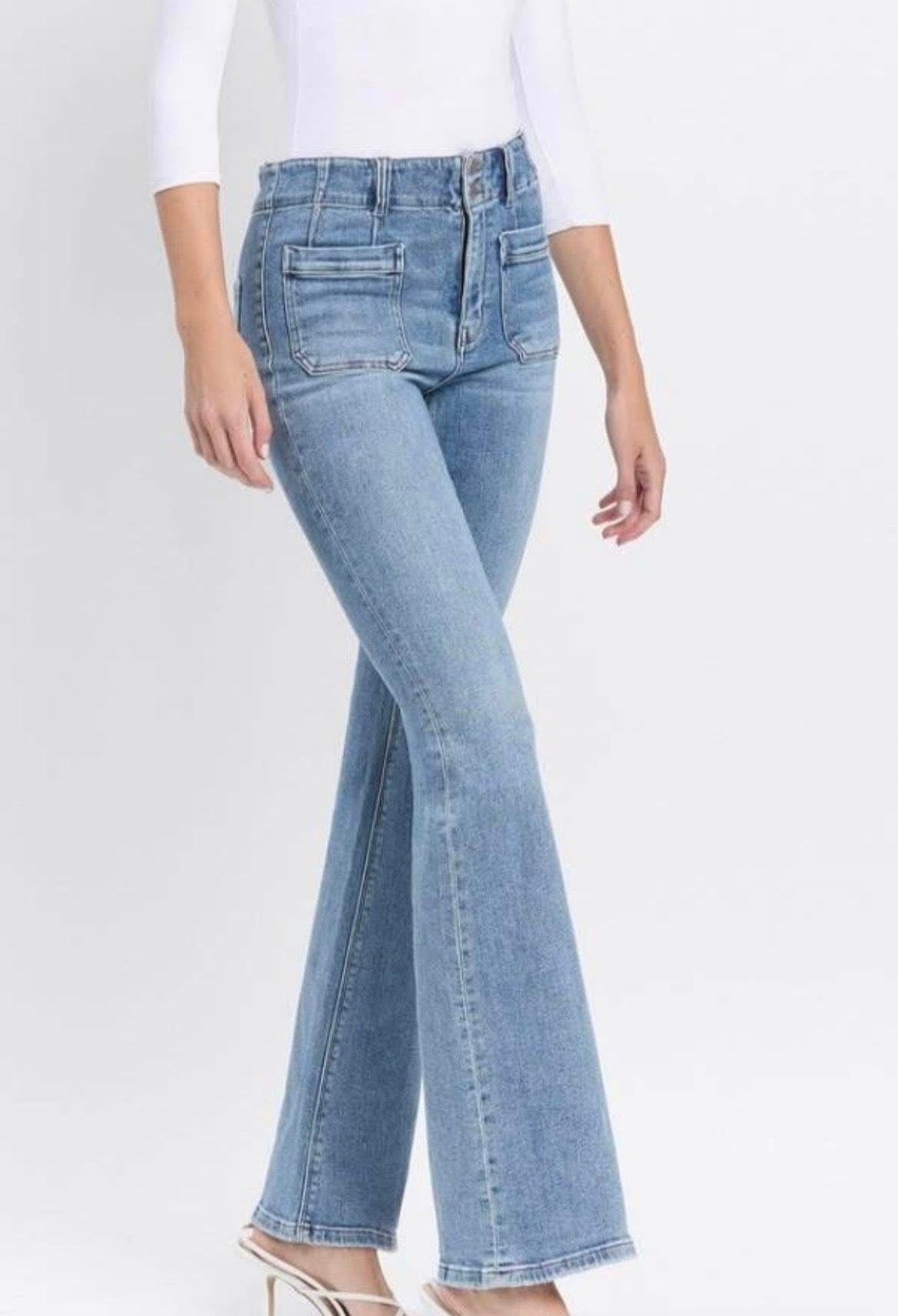 Flying monkey, high-rise front pocket with dart detailed flare jeans