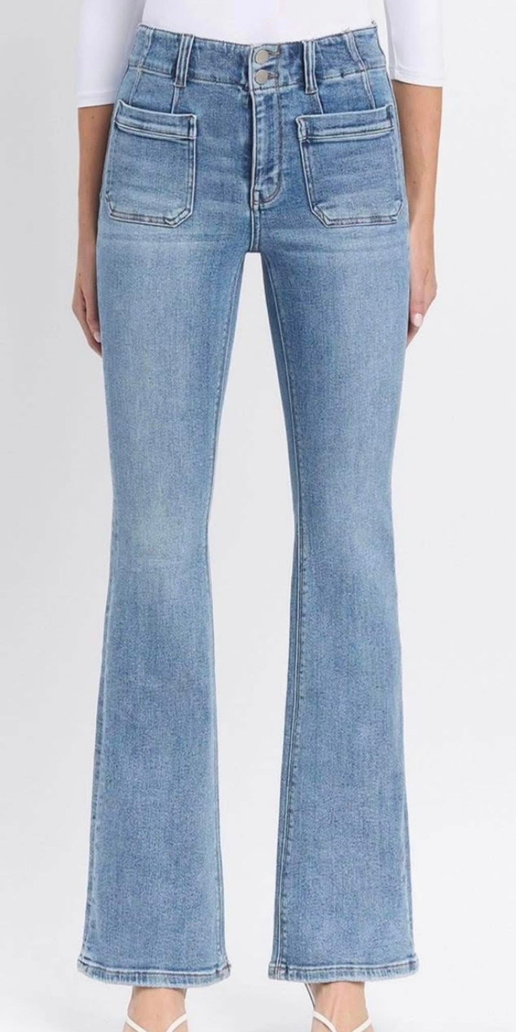 Flying monkey, high-rise front pocket with dart detailed flare jeans