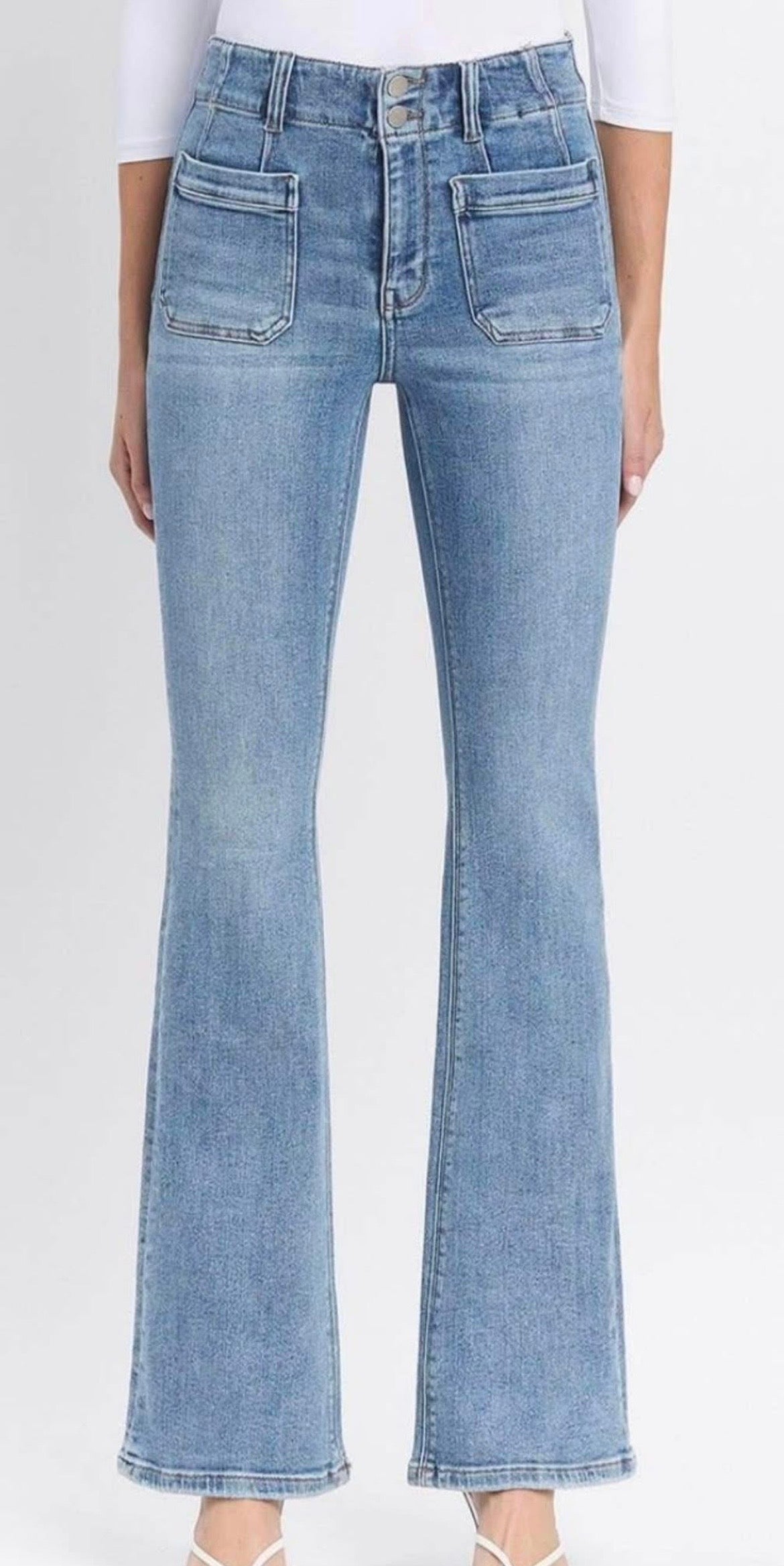 Flying monkey, high-rise front pocket with dart detailed flare jeans