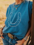 Blue Horse Shoe Embroidered Loose Short Sleeve Sweater