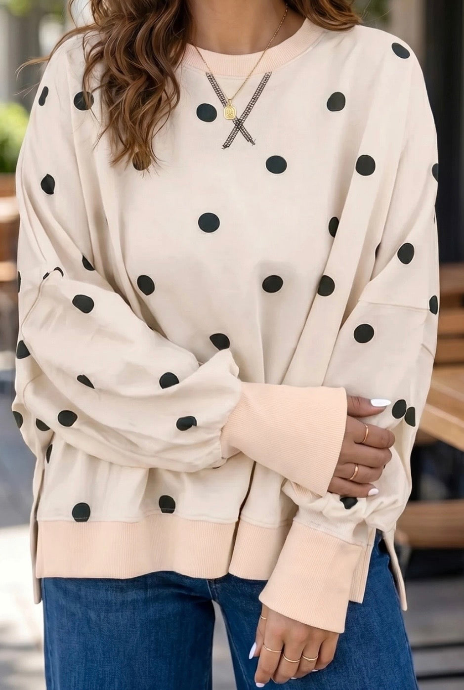 Beige Loose-Fit Long Sleeve Round Neck Polka Dot Tunic Sweatshirt