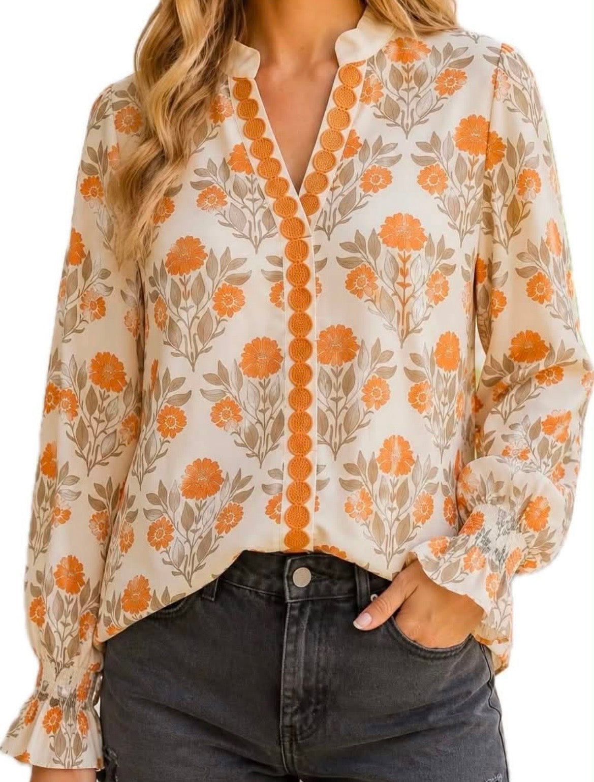 Orange Floral Print Contrast Detail V Neck Long Sleeve Blouse