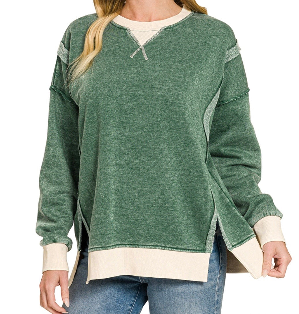 Dark Green FLEECE ACID WASHED CONTRAST TRIM PULLOVER