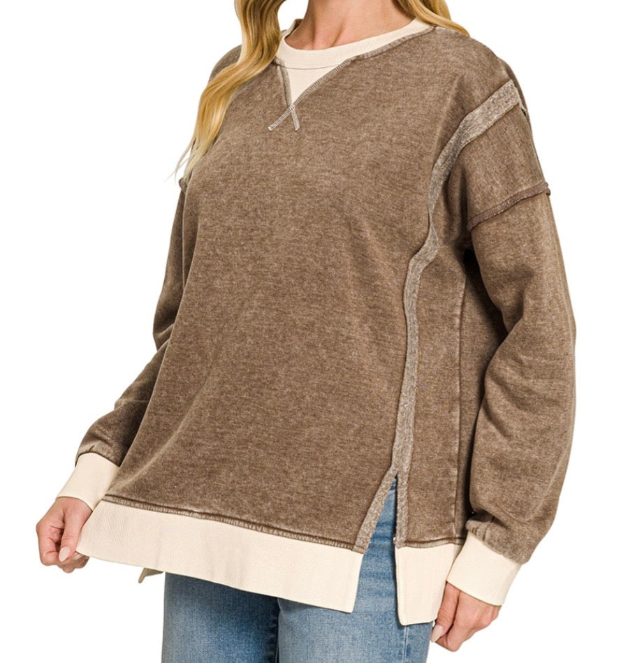 Mocha FLEECE ACID WASHED CONTRAST TRIM PULLOVER