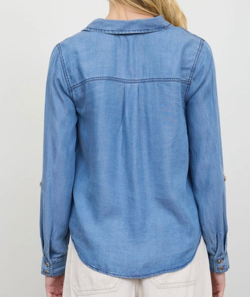 Chambray Collared 3/4 Tab Sleeve Button Down Shirt