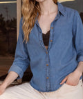 Chambray Collared 3/4 Tab Sleeve Button Down Shirt