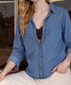 Chambray Collared 3/4 Tab Sleeve Button Down Shirt