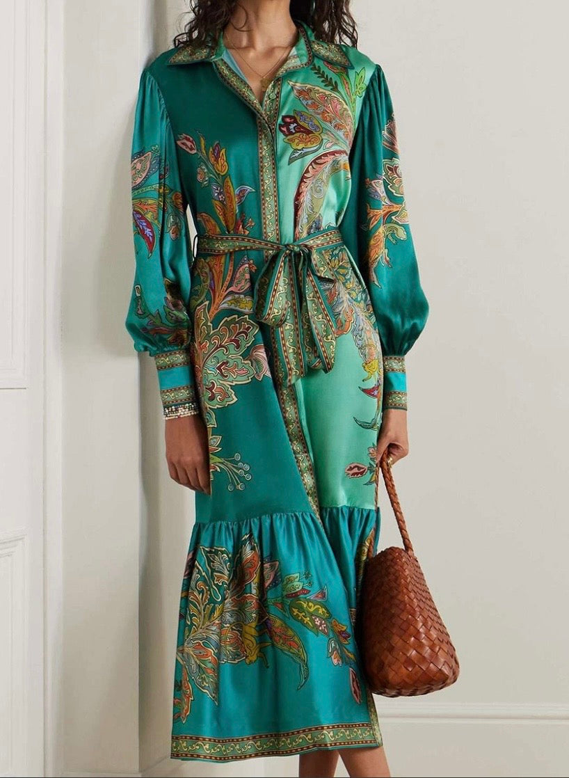 Vintage Print Dress With Lapel Lantern Sleeves