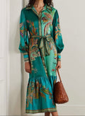 Vintage Print Dress With Lapel Lantern Sleeves
