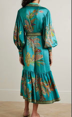 Vintage Print Dress With Lapel Lantern Sleeves