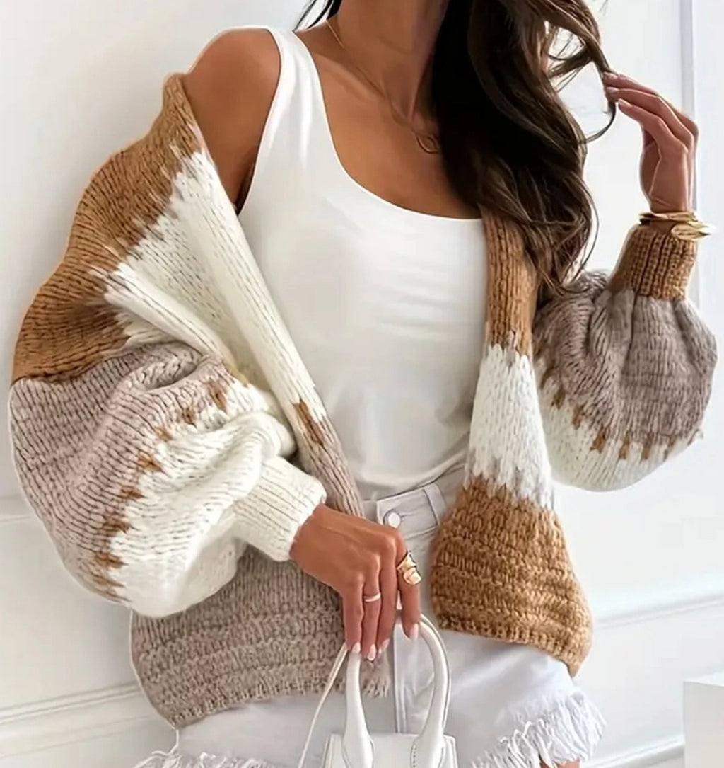 Khaki Lantern sleeves, color, blocking knit cardigan