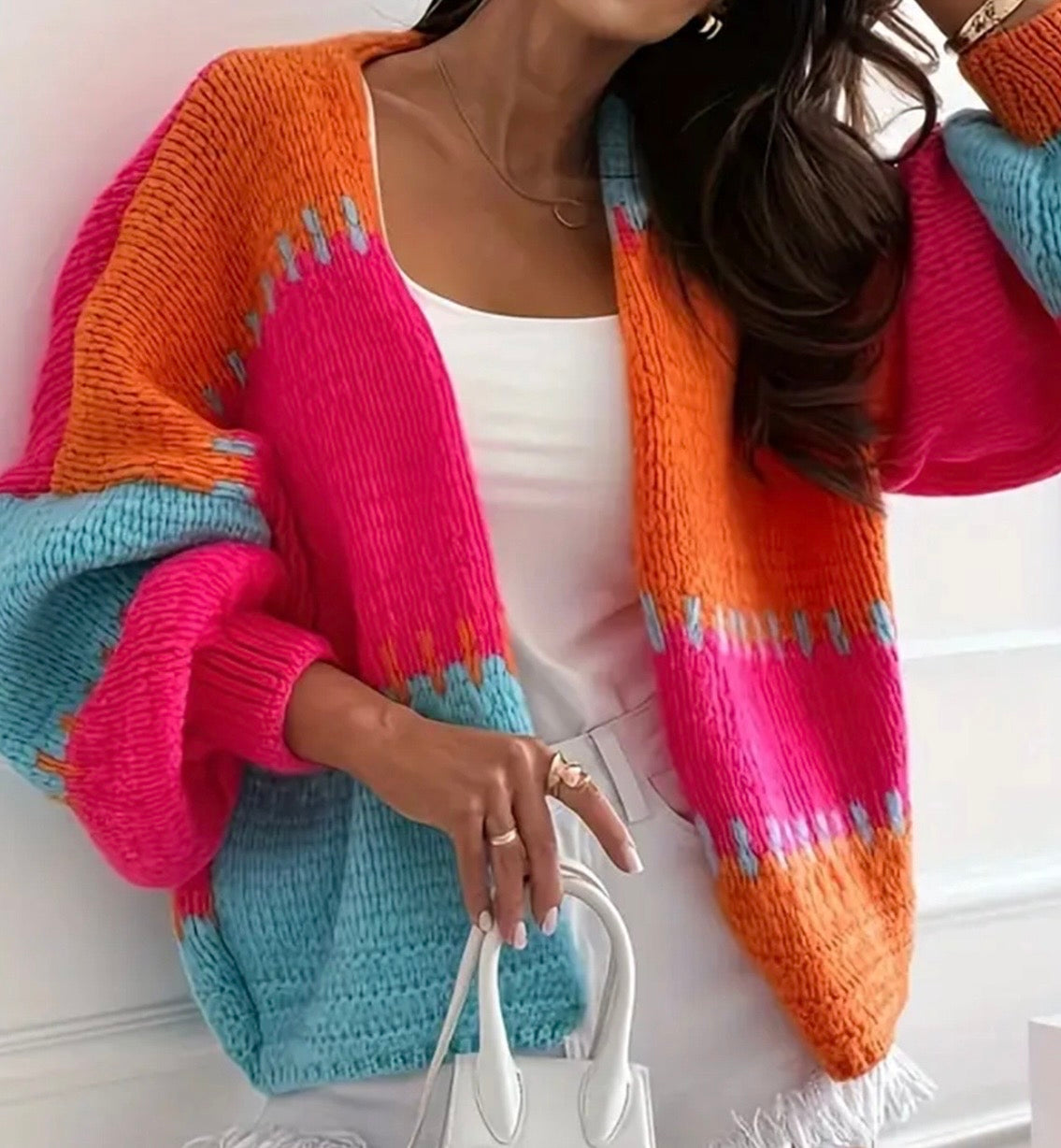 Orange Lantern sleeve color blocking knit cardiga