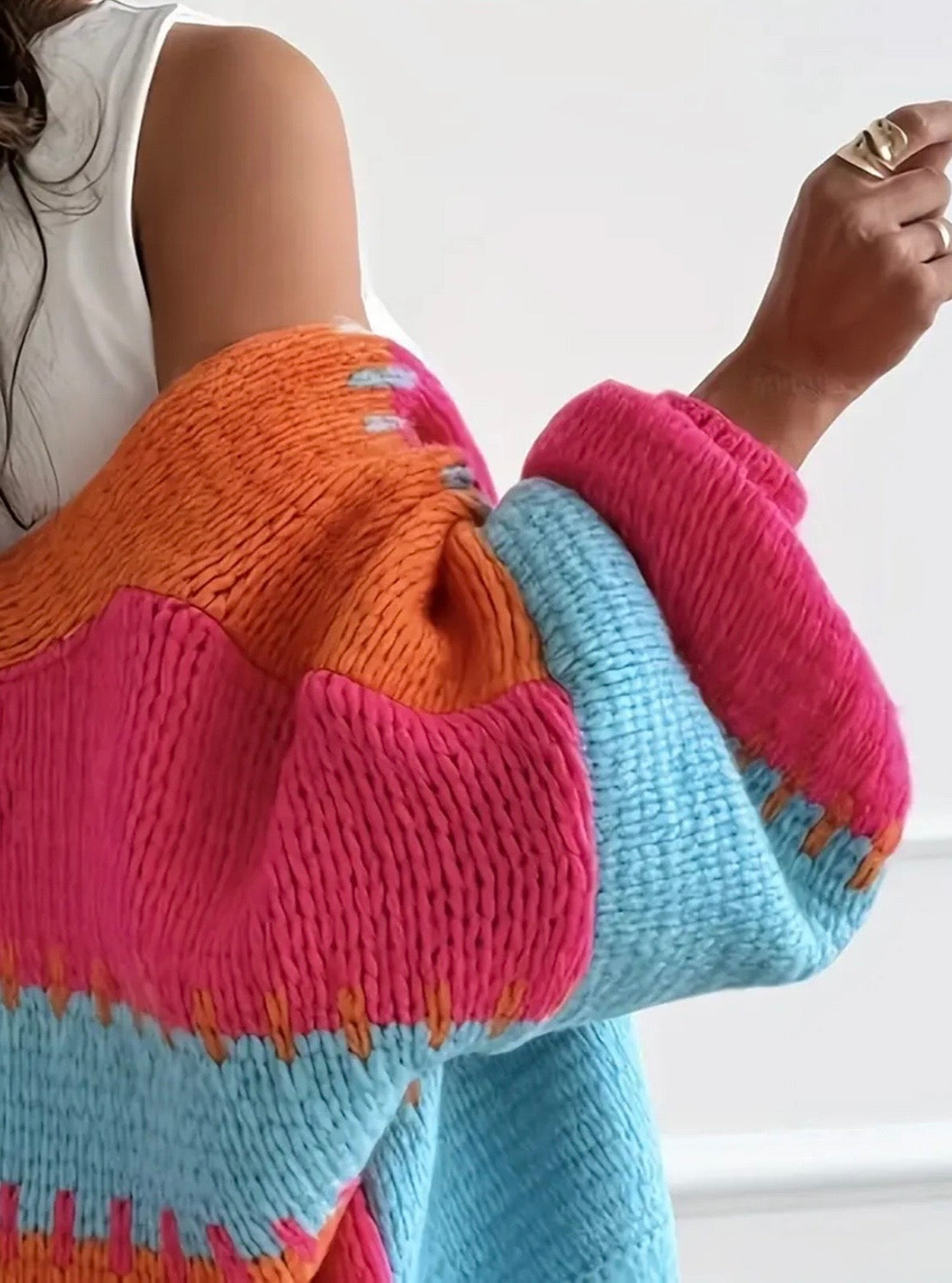 Orange Lantern sleeve color blocking knit cardiga