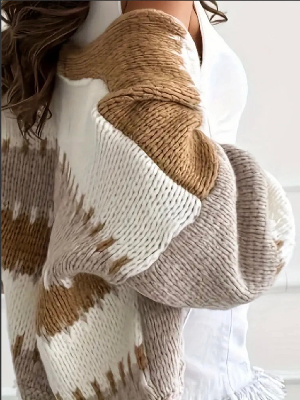 Khaki Lantern sleeves, color, blocking knit cardigan