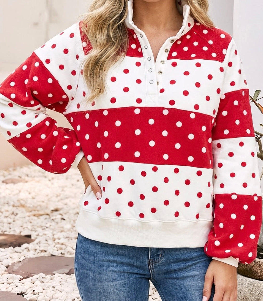 Contrast Colorblock Red Polka Dot Print Sweatshirt
