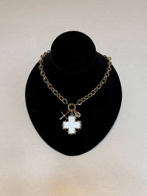 Gold Necklace with White Enamel Cross